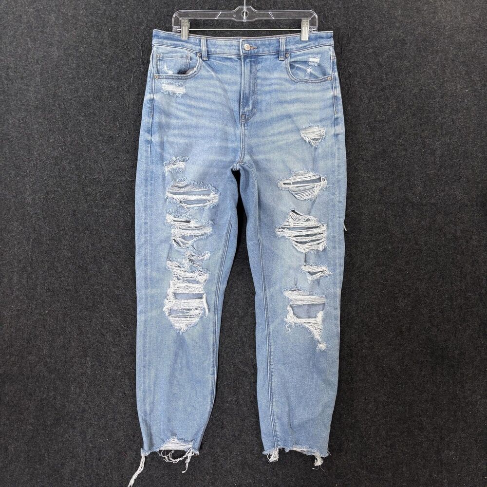 American Eagle Mom Jeans Women's 14 Long Blue High Rise Distressed Stretch Denim